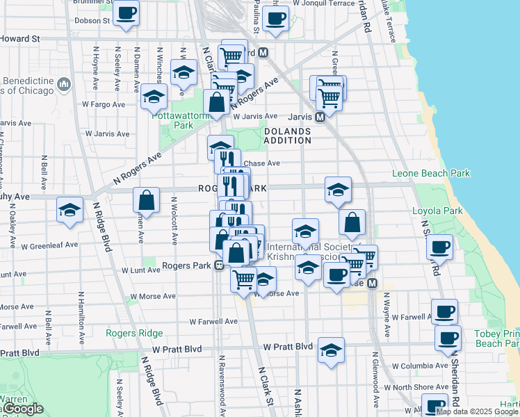 map of restaurants, bars, coffee shops, grocery stores, and more near 1712 West Estes Avenue in Chicago