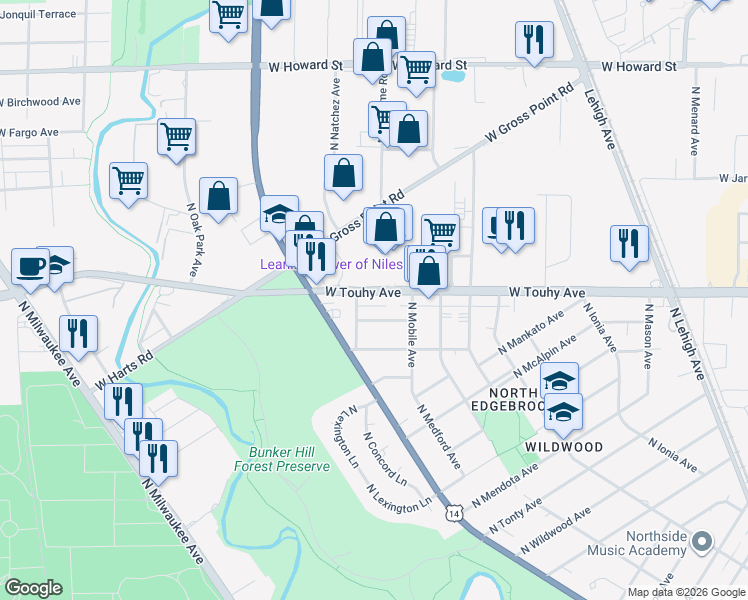 map of restaurants, bars, coffee shops, grocery stores, and more near 6343 West Touhy Avenue in Chicago