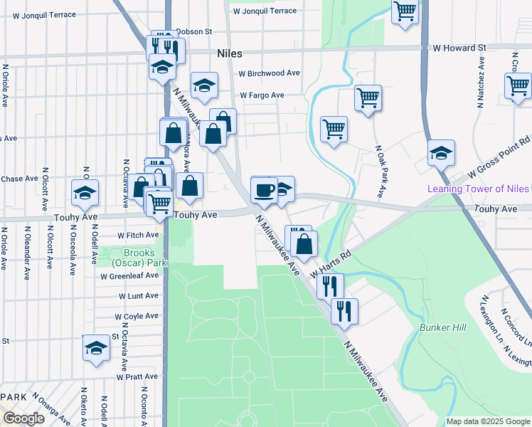 map of restaurants, bars, coffee shops, grocery stores, and more near 7161 North Milwaukee Avenue in Niles