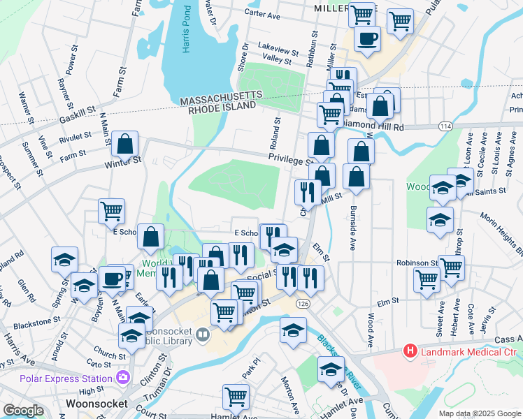map of restaurants, bars, coffee shops, grocery stores, and more near 204 Rathbun St in Woonsocket