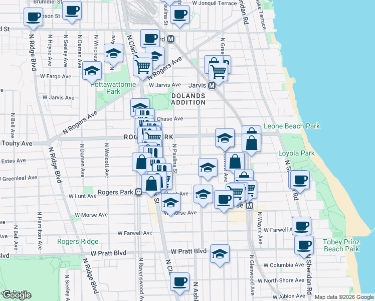 map of restaurants, bars, coffee shops, grocery stores, and more near 1626 West Estes Avenue in Chicago