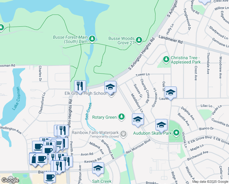 map of restaurants, bars, coffee shops, grocery stores, and more near 500 West Elk Grove Boulevard in Elk Grove Village