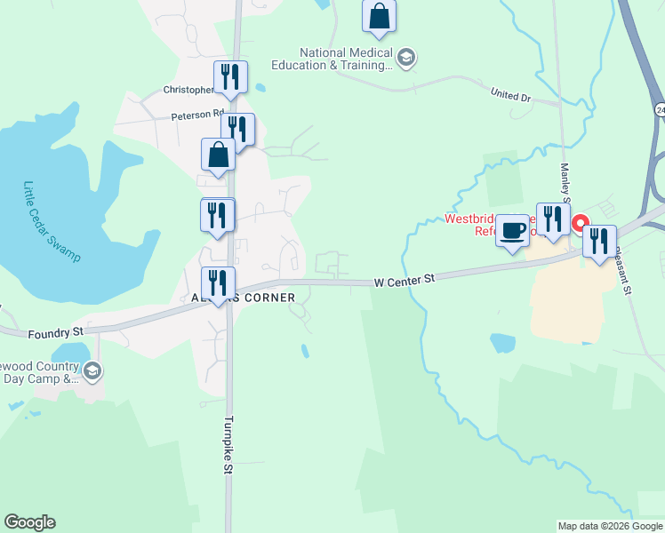 map of restaurants, bars, coffee shops, grocery stores, and more near 15 Foundry Street in Easton