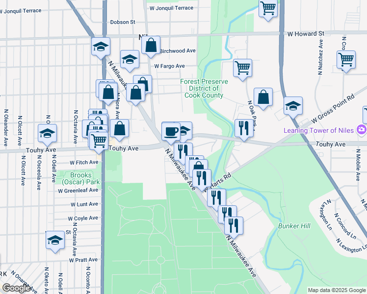map of restaurants, bars, coffee shops, grocery stores, and more near 6935 West Touhy Avenue in Niles