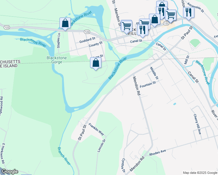 map of restaurants, bars, coffee shops, grocery stores, and more near 228 Saint Paul Street in North Smithfield