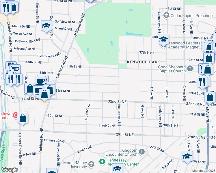 map of restaurants, bars, coffee shops, grocery stores, and more near 1037 Center Street Northeast in Cedar Rapids