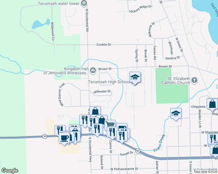 map of restaurants, bars, coffee shops, grocery stores, and more near 2203 Stillwater Drive in Tecumseh