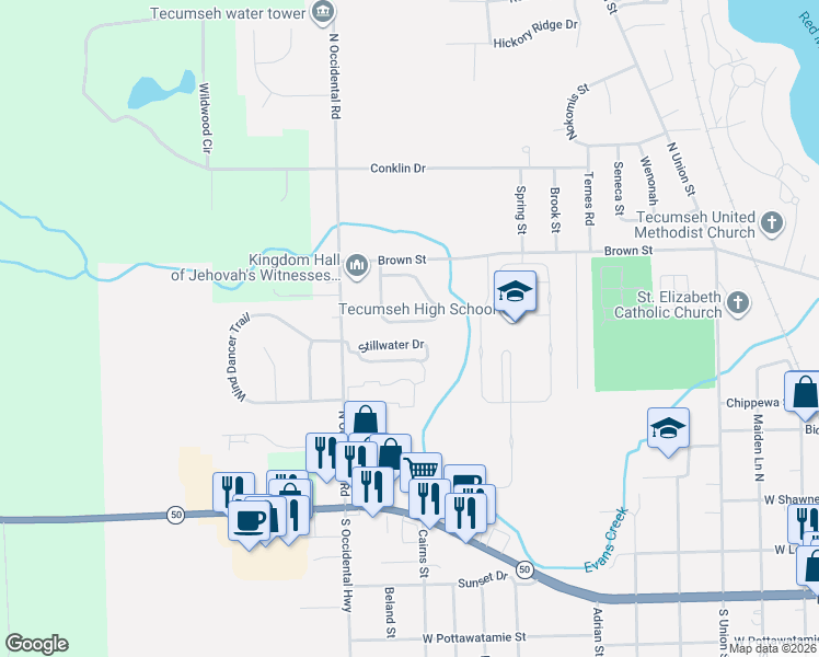 map of restaurants, bars, coffee shops, grocery stores, and more near 2203 Stillwater Drive in Tecumseh
