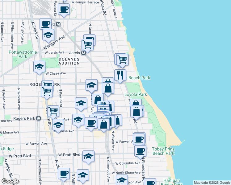map of restaurants, bars, coffee shops, grocery stores, and more near 1329 West Touhy Avenue in Chicago