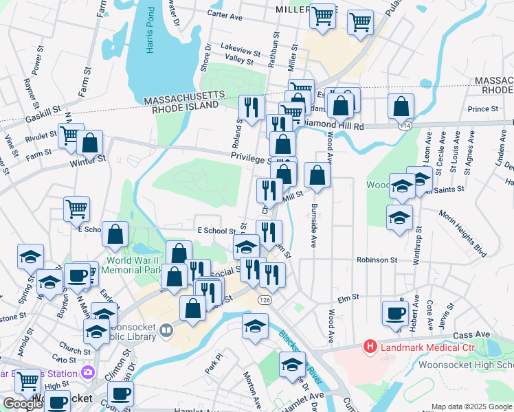 map of restaurants, bars, coffee shops, grocery stores, and more near 215 Rathbun Street in Woonsocket