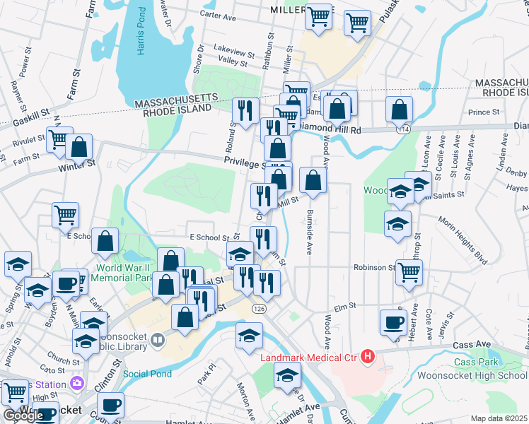 map of restaurants, bars, coffee shops, grocery stores, and more near 76 Chester Street in Woonsocket