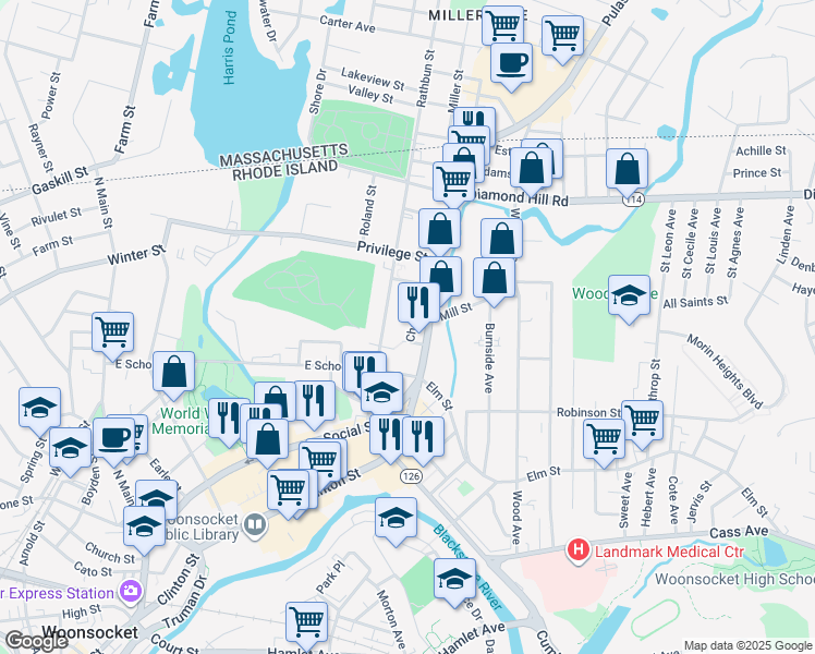 map of restaurants, bars, coffee shops, grocery stores, and more near 76 Chester Street in Woonsocket