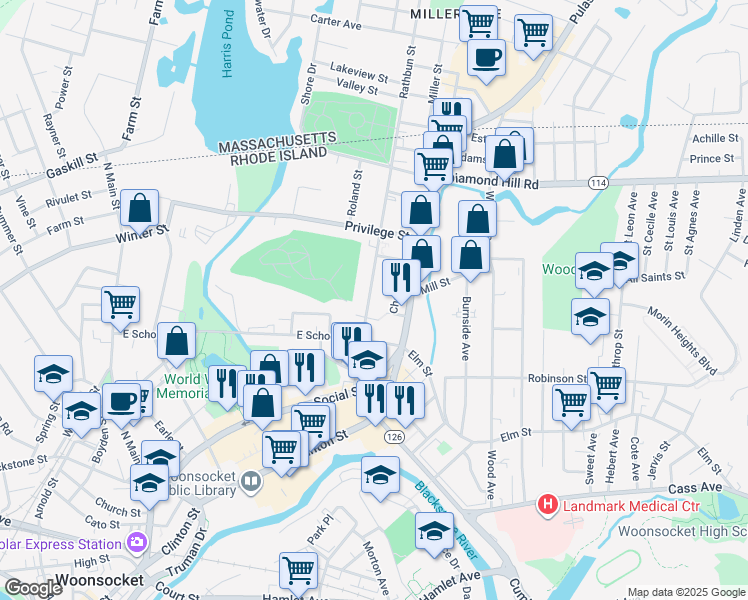 map of restaurants, bars, coffee shops, grocery stores, and more near 232 Rathbun Street in Woonsocket
