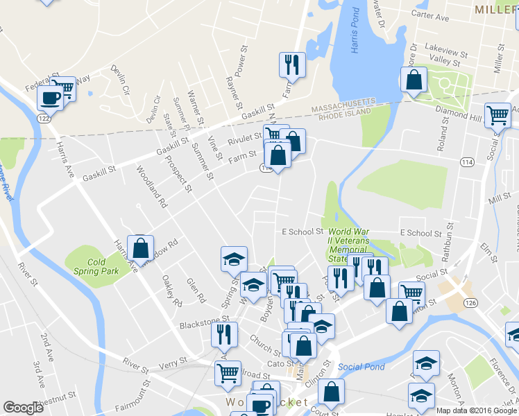 map of restaurants, bars, coffee shops, grocery stores, and more near 70 Phebe Street in Woonsocket