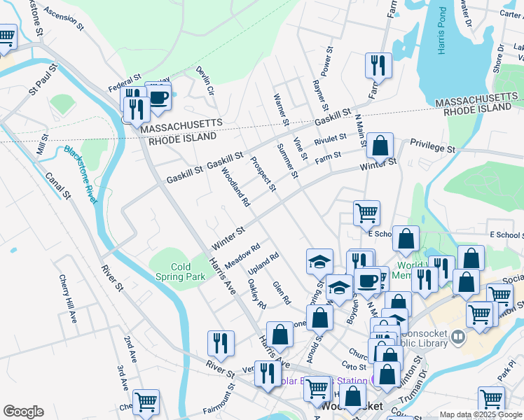 map of restaurants, bars, coffee shops, grocery stores, and more near 249 Winter Street in Woonsocket