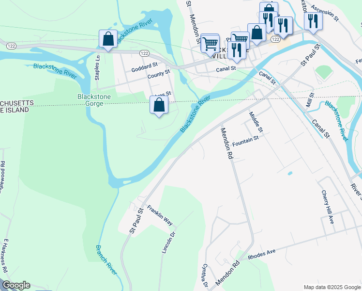 map of restaurants, bars, coffee shops, grocery stores, and more near 228 Saint Paul Street in North Smithfield