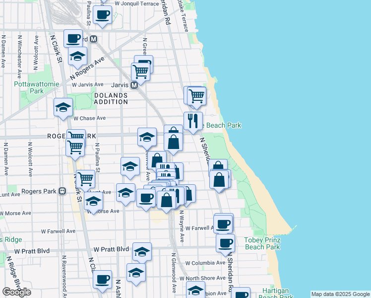 map of restaurants, bars, coffee shops, grocery stores, and more near 1329 West Touhy Avenue in Chicago