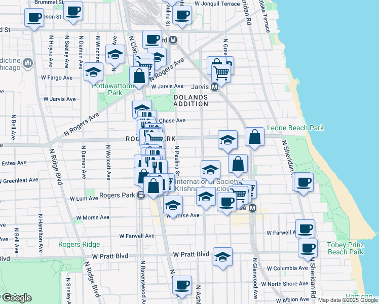 map of restaurants, bars, coffee shops, grocery stores, and more near 7115 North Paulina Street in Chicago