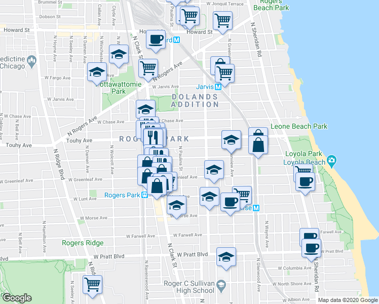 map of restaurants, bars, coffee shops, grocery stores, and more near 7115 North Paulina Street in Chicago