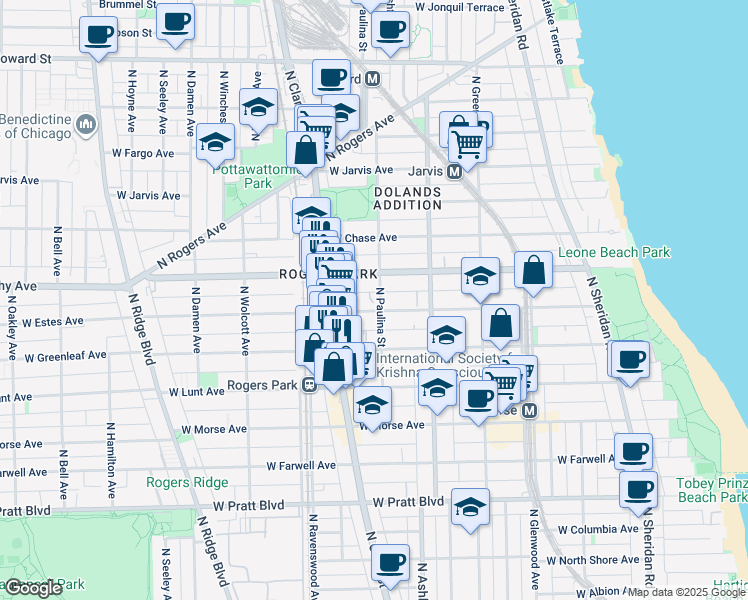 map of restaurants, bars, coffee shops, grocery stores, and more near 7115 North Paulina Street in Chicago