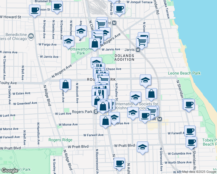 map of restaurants, bars, coffee shops, grocery stores, and more near 1728 West Estes Avenue in Chicago