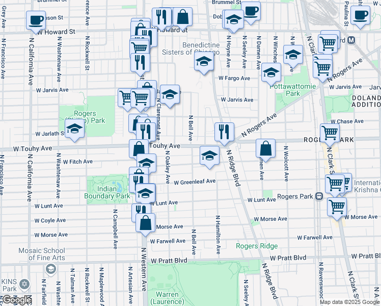map of restaurants, bars, coffee shops, grocery stores, and more near 2163 West Touhy Avenue in Chicago