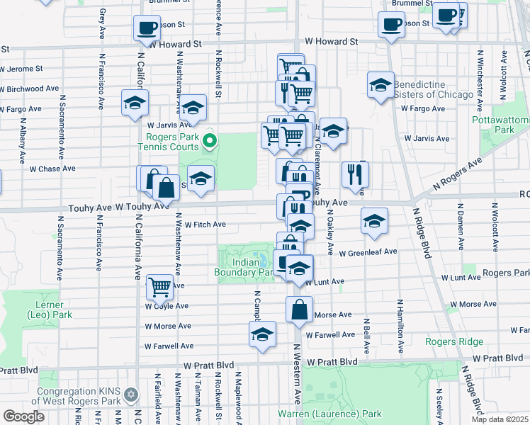map of restaurants, bars, coffee shops, grocery stores, and more near 2427 West Touhy Avenue in Chicago