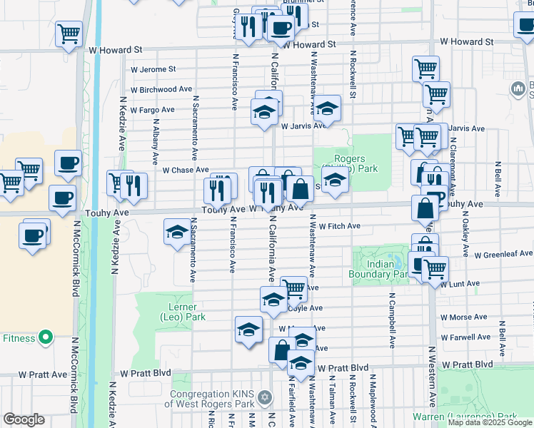 map of restaurants, bars, coffee shops, grocery stores, and more near 2819 West Touhy Avenue in Chicago