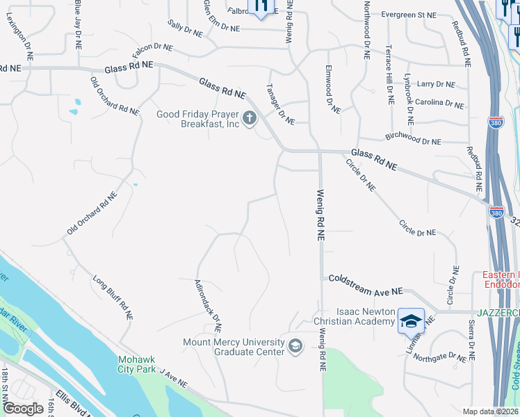 map of restaurants, bars, coffee shops, grocery stores, and more near 2525-2533 Blue Ridge Drive Northeast in Cedar Rapids