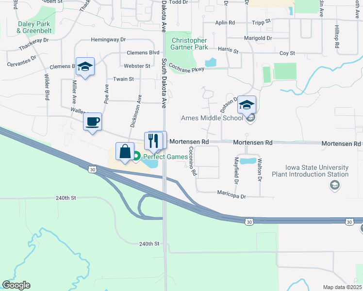 map of restaurants, bars, coffee shops, grocery stores, and more near 1305 Coconino Road in Ames