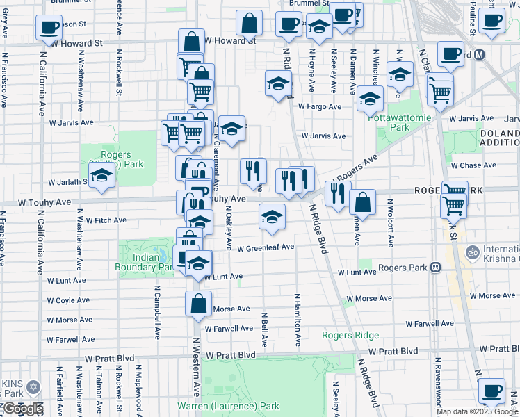map of restaurants, bars, coffee shops, grocery stores, and more near 2163 West Touhy Avenue in Chicago