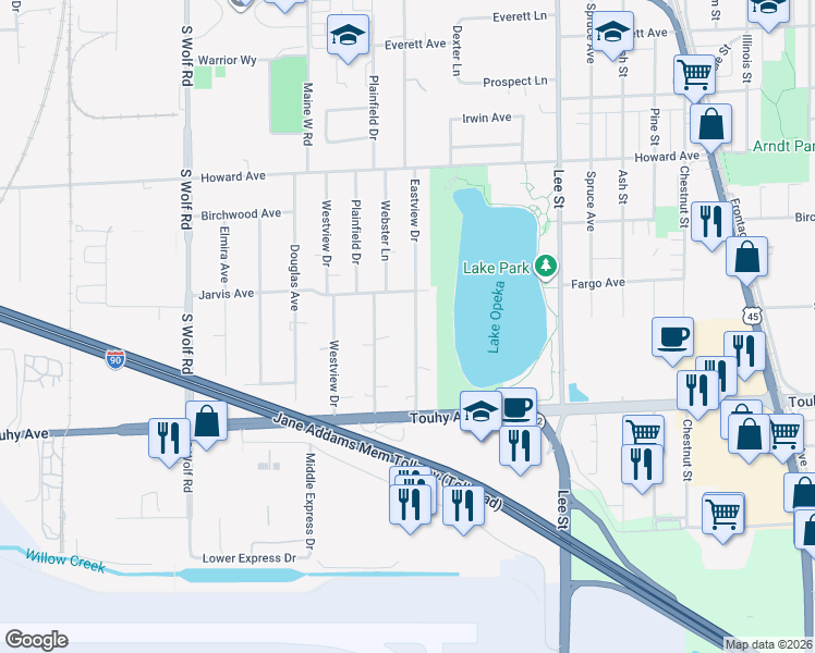 map of restaurants, bars, coffee shops, grocery stores, and more near 2239 Eastview Drive in Des Plaines