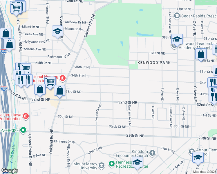 map of restaurants, bars, coffee shops, grocery stores, and more near 1111 Center Street Northeast in Cedar Rapids