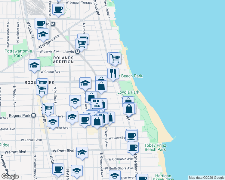 map of restaurants, bars, coffee shops, grocery stores, and more near 1329 West Touhy Avenue in Chicago