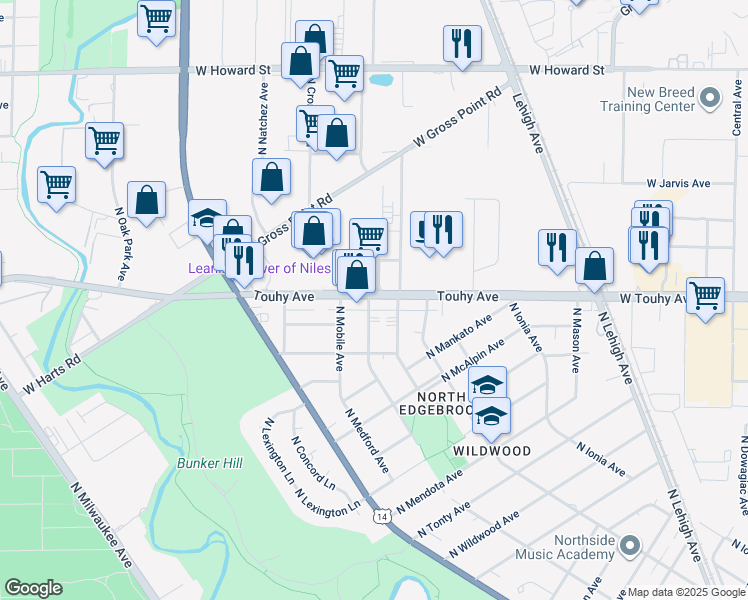 map of restaurants, bars, coffee shops, grocery stores, and more near 6235 North Merrimac Avenue in Chicago
