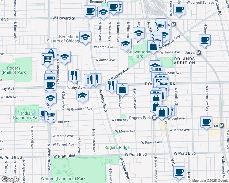 map of restaurants, bars, coffee shops, grocery stores, and more near 2016 West Estes Avenue in Chicago