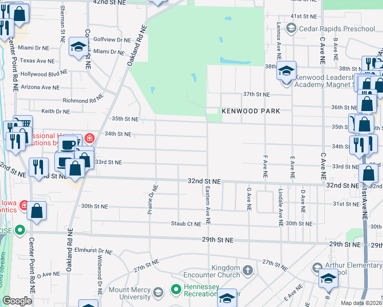 map of restaurants, bars, coffee shops, grocery stores, and more near 1029 Center Street Northeast in Cedar Rapids