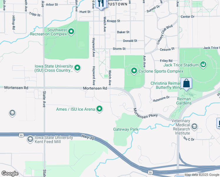 map of restaurants, bars, coffee shops, grocery stores, and more near in Ames
