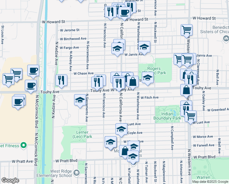 map of restaurants, bars, coffee shops, grocery stores, and more near 2819 West Touhy Avenue in Chicago