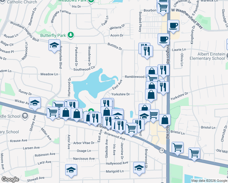 map of restaurants, bars, coffee shops, grocery stores, and more near 1340 Yorkshire Drive in Hanover Park