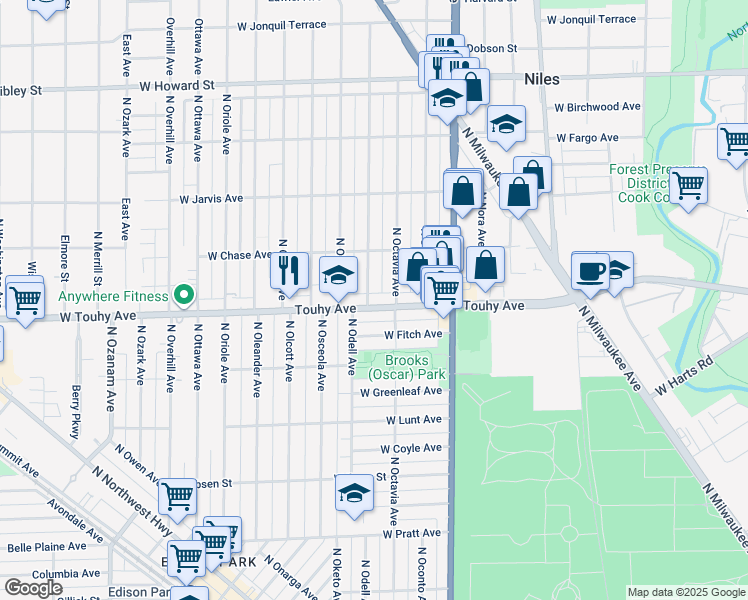 map of restaurants, bars, coffee shops, grocery stores, and more near 7320 West Touhy Avenue in Chicago