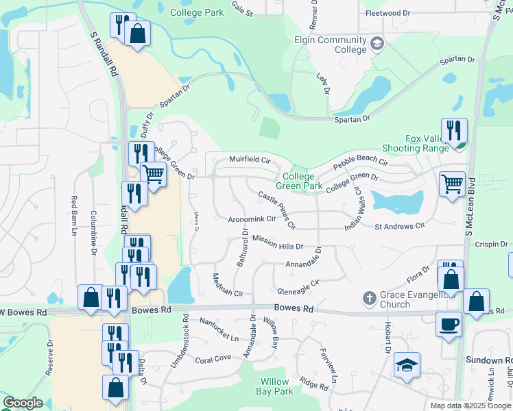 map of restaurants, bars, coffee shops, grocery stores, and more near 856 Carnoustie Court in Elgin