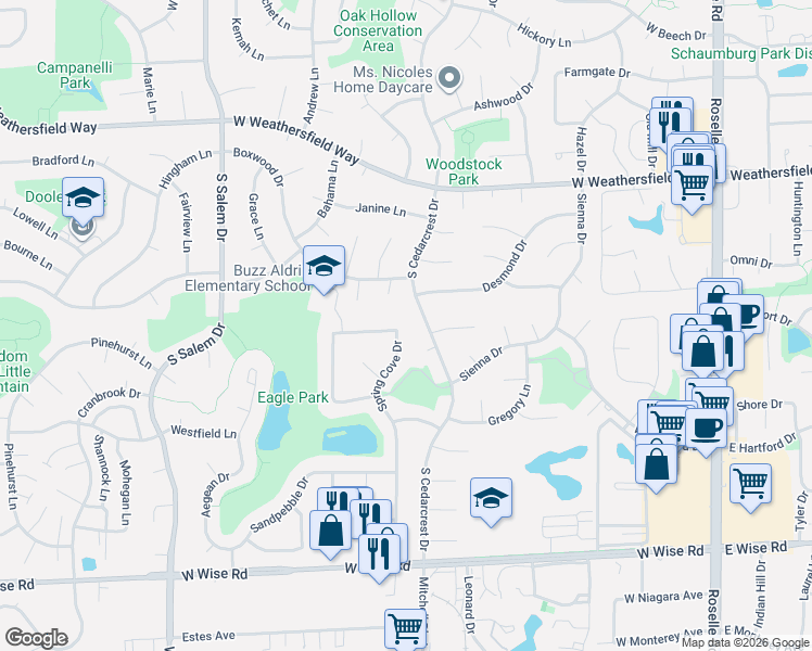 map of restaurants, bars, coffee shops, grocery stores, and more near 800 South Cedarcrest Drive in Schaumburg
