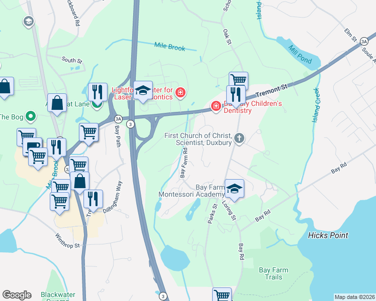 map of restaurants, bars, coffee shops, grocery stores, and more near 70 Bay Farm Road in Duxbury