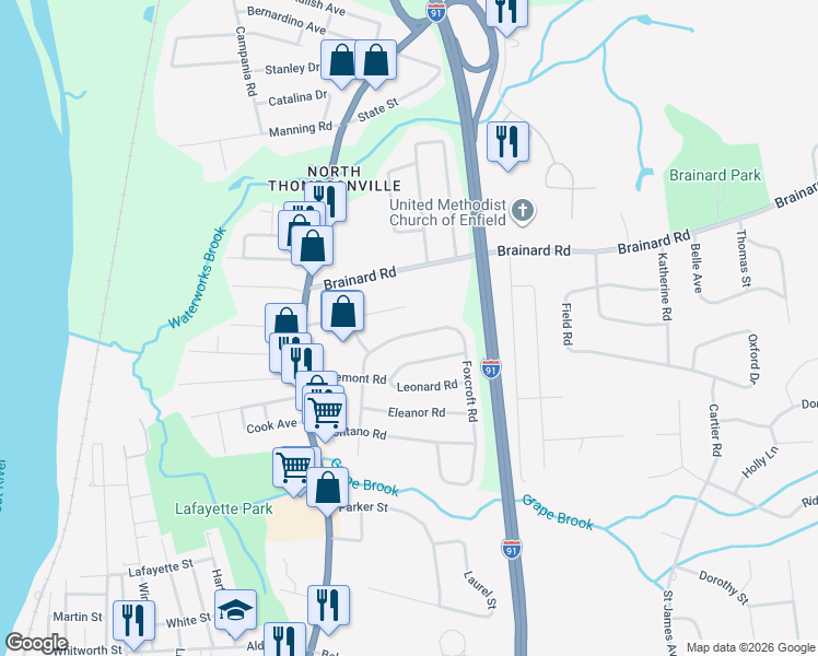 map of restaurants, bars, coffee shops, grocery stores, and more near 11 Foxcroft Road in Enfield