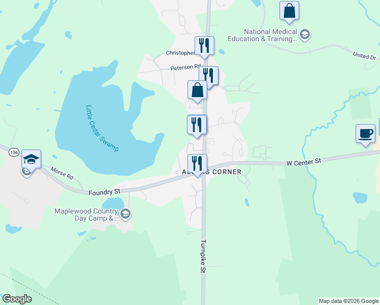map of restaurants, bars, coffee shops, grocery stores, and more near 453 Turnpike Street in Easton