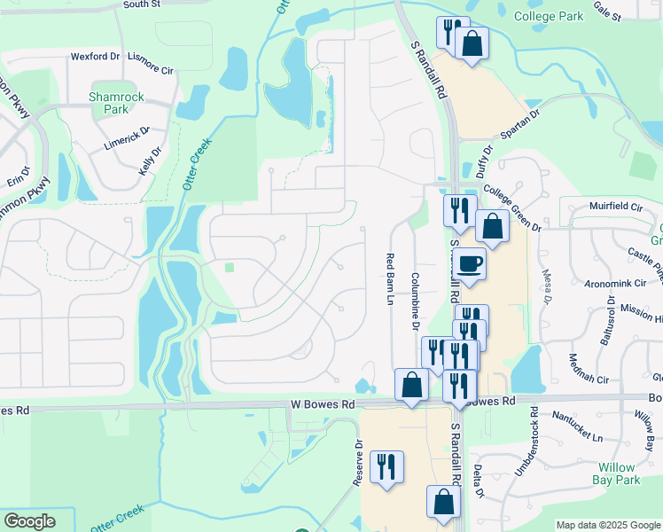 map of restaurants, bars, coffee shops, grocery stores, and more near 2451 Rolling Ridge in Elgin