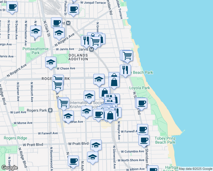 map of restaurants, bars, coffee shops, grocery stores, and more near 1446 West Estes Avenue in Chicago
