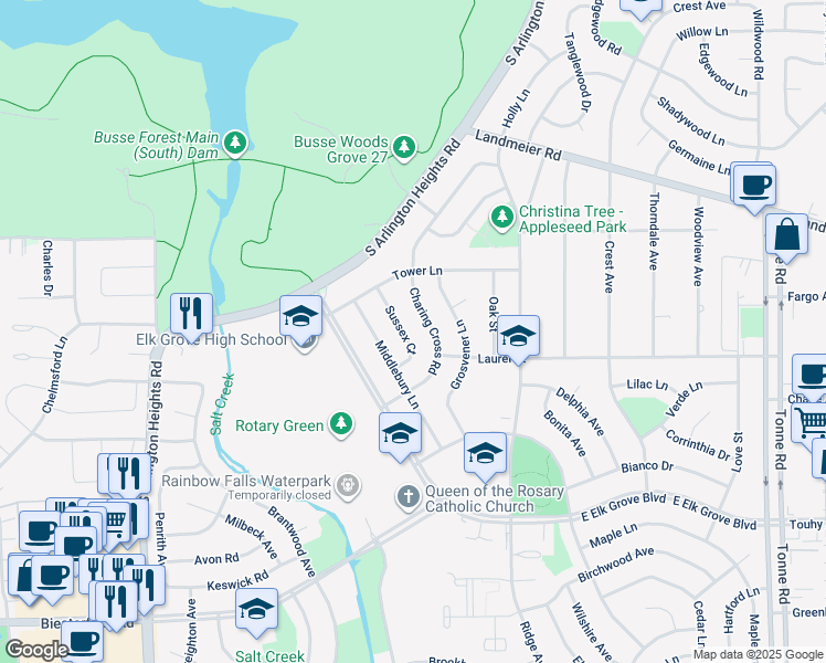 map of restaurants, bars, coffee shops, grocery stores, and more near 564 Charing Cross Road in Elk Grove Village