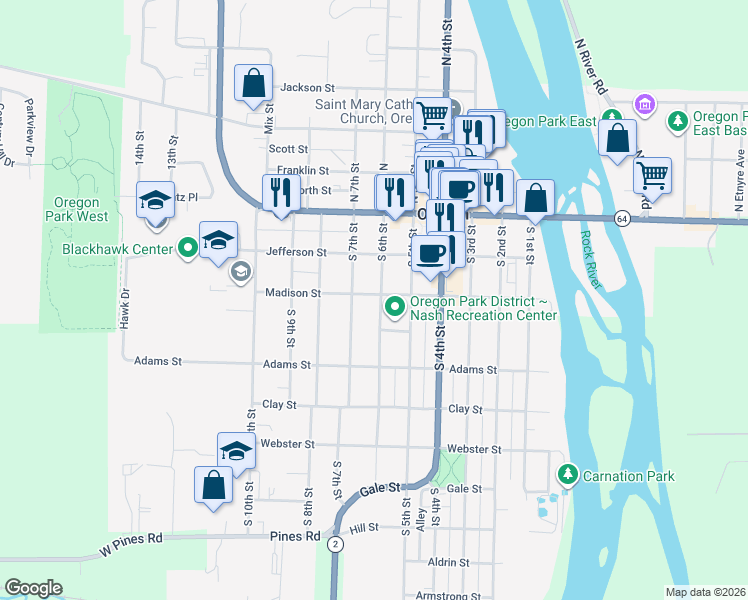 map of restaurants, bars, coffee shops, grocery stores, and more near 300 South 6th Street in Oregon